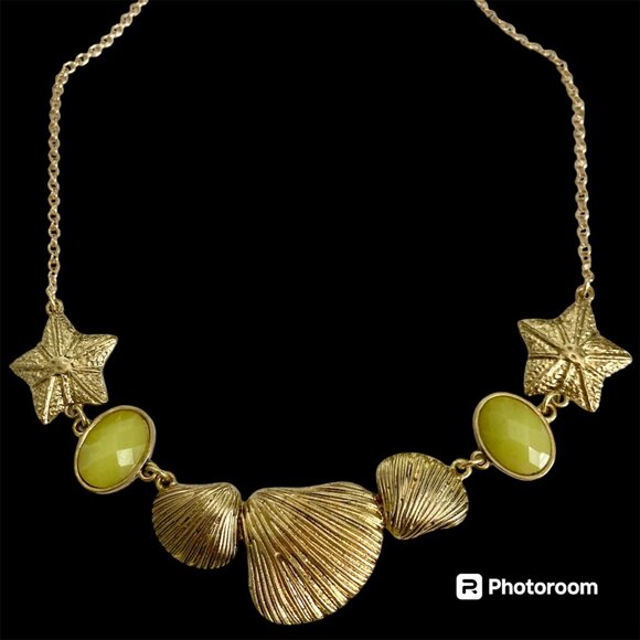 Gold Sea Shell Starfish Bib Necklace Plated Sea Life Island Nautical Beach 20" - Picture 2 of 13